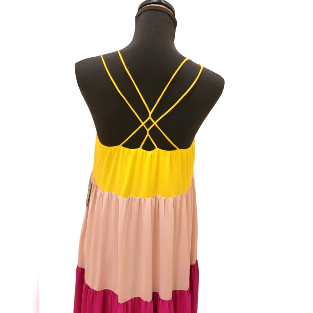 Express Tiered Spaghetti Straps Kriss Kross Back Colorblock Maxi Dress
